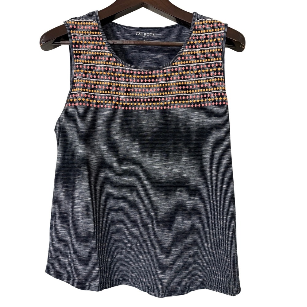 Talbots Womens Large Blue White Striped Sleeveless Embroidered Tank Top Cotton